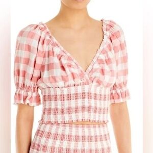 Aqua Gingham Puff Sleeve Crop Top